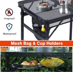 Camping Table, 2x1.3 FT Portable Folding Grill Table, Lightweight Height Adjustable Metal Tables with Mesh Desktop and Mesh Bag, Outdoor Tables for Camping, Picnic, Beach and BBQ, Black