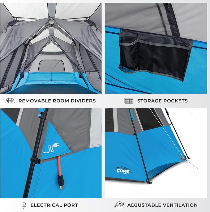 CORE Instant Cabin Tents with LED Lights | 6 Person / 9 Person / 12 Person Family Multi Room Lighted Pop Up Tents for Camping | Included Storage Pockets for Camping Accessories