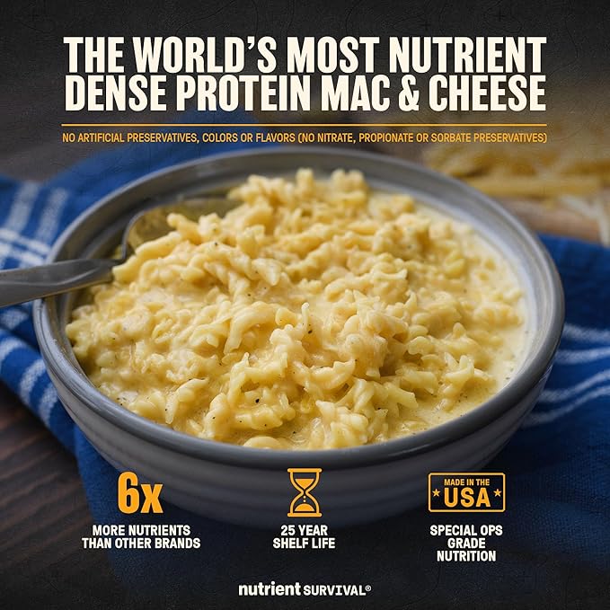 Triple Cheese Mac High Protein Meal (10 Servings) Freeze Dried Prepper Supplies & Emergency Food Supply, 40 Essential Nutritients, Shelf Stable Up to 25 Years, One Can