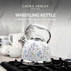 VQ Laura Ashley Wild Meadow 2.5L Stainless Steel Tea Kettle Stovetop Whistling Teapot for Induction, Gas Hob or others. Silicon Coated Cool Handle & Push Button Mechanism Vintage Stove Top Kettle