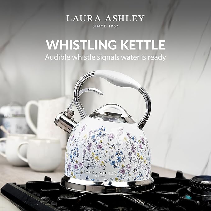 VQ Laura Ashley Wild Meadow 2.5L Stainless Steel Tea Kettle Stovetop Whistling Teapot for Induction, Gas Hob or others. Silicon Coated Cool Handle & Push Button Mechanism Vintage Stove Top Kettle