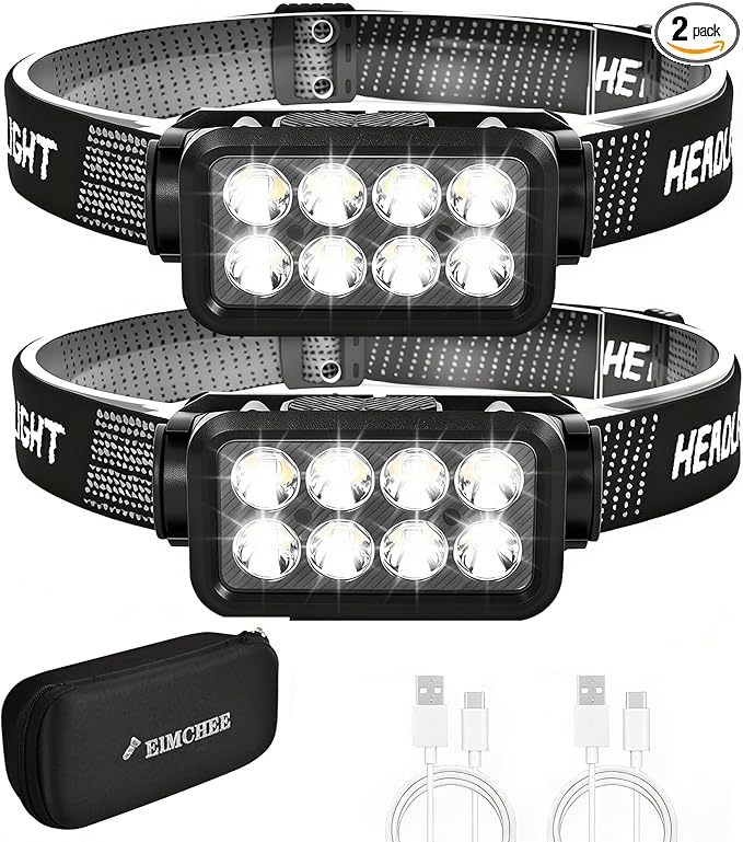 Rechargeable Headlamp 2 Pack, 2500 Lumen Bright 8 LED Headlight, 10 Modes Adjustable Motion Sensor, USB-C Waterproof Head Flashlight, Outdoor Hiking Camping Fishing (8 Led Headlamp)