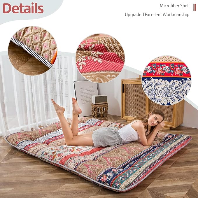 MAXYOYO Bohemian Retro Floor Mattress Vintage Floral Japanese Futon Mattress Roll Up Thicken Sleeping Bed Portable Camping Mattress Floor Lounger Couch Bed Mattress Pad, Twin Size