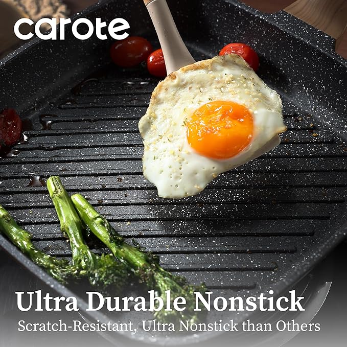 CAROTE 11 Inch Nonstick Grill Pan for Steak - Premium Granite Nonstick Coating, Square Grill Skillet, Indoor Outdoor RV Camping Use, Gas & Induction Safe, All Stovetops Compatible, PFOA Free, Black