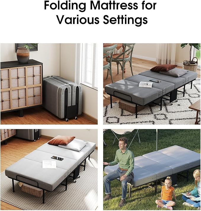 Folding Beds with Mattress, Portable Foldable Bed for Adults, Roll Away Bed Guest on Wheels, Memory Foam Mattress and Metal Frame, Space Saving Fold