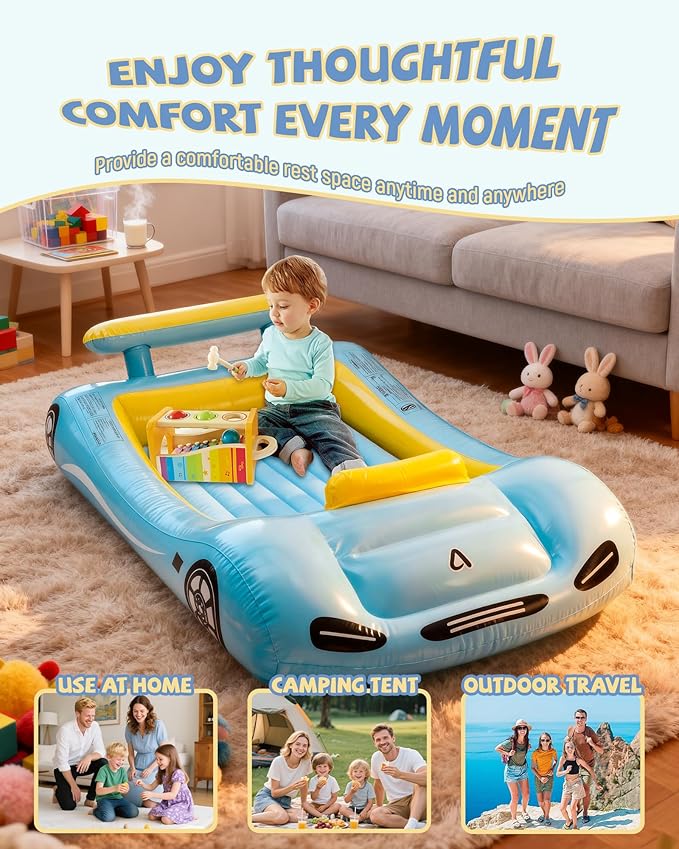 Vikua Inflatable Toddler Travel Bed with Safety Bumpers & Quick-Inflating Pump, Portable Blow Up Air Mattress for Kids with Carry Bag, for Home, Travel, Camping, Sleepovers, 330lbs Support (Blue)