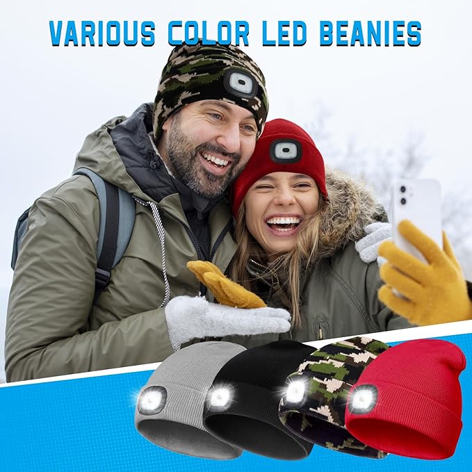 Beanie Hats with Light, USB Rechargeable LED Hand Free Headlamp, Birthday Gifts for Men, Women, and Teens, Ideal for Camping, Hiking, 2 Pack, Camouflage