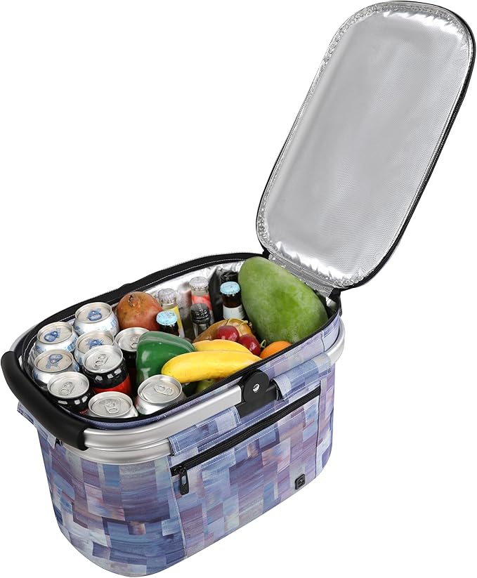 ALLCAMP Picnic Basket - Insulated Cooler, Thickening Foldable Picnic Basket with Removable Baskets & Sewn-in Frame, Basket for House Warming Gifts New Home(Purple Pattern)