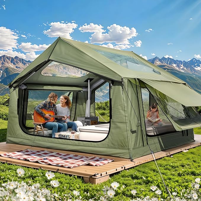 YOLENY 2-4 Person Inflatable Tents for Camping, Quick Setup in 2 Minutes with Hand Pump, 4-Season Waterproof Windproof Oxford Blow Up Tent