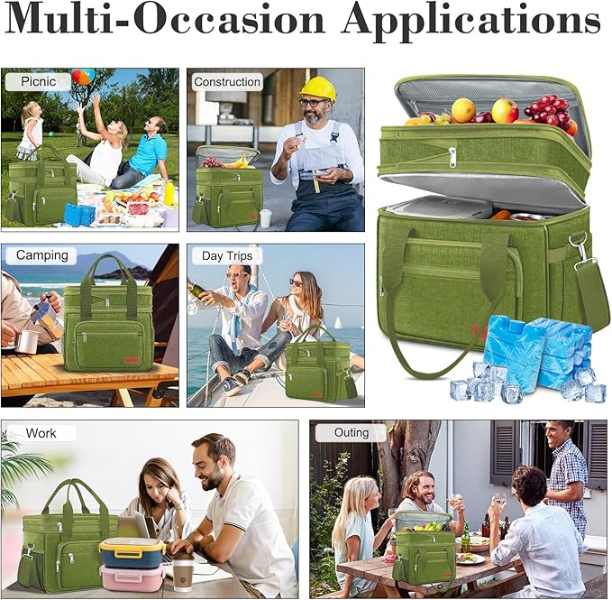 Coobiiya Large Expandable Insulated Lunch Bag Cooler Bag，12-23L Lunch Box for Men Double Deck Leakproof，Heavy Duty LunchBag Cooler Bags for Camping, Travel, Kayaking & Beach