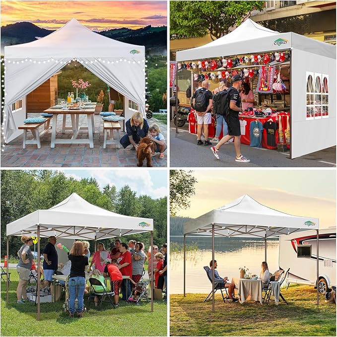 COBIZI 10x10 Pop Up Canopy Tent Heavy Duty with 4 Sidewalls, Commercial Easy Up Instant Canopy Outdoor for Events Party Wedding, All Weather Waterproof UV 50+ with Carry Bag (Leg Upgraded), White