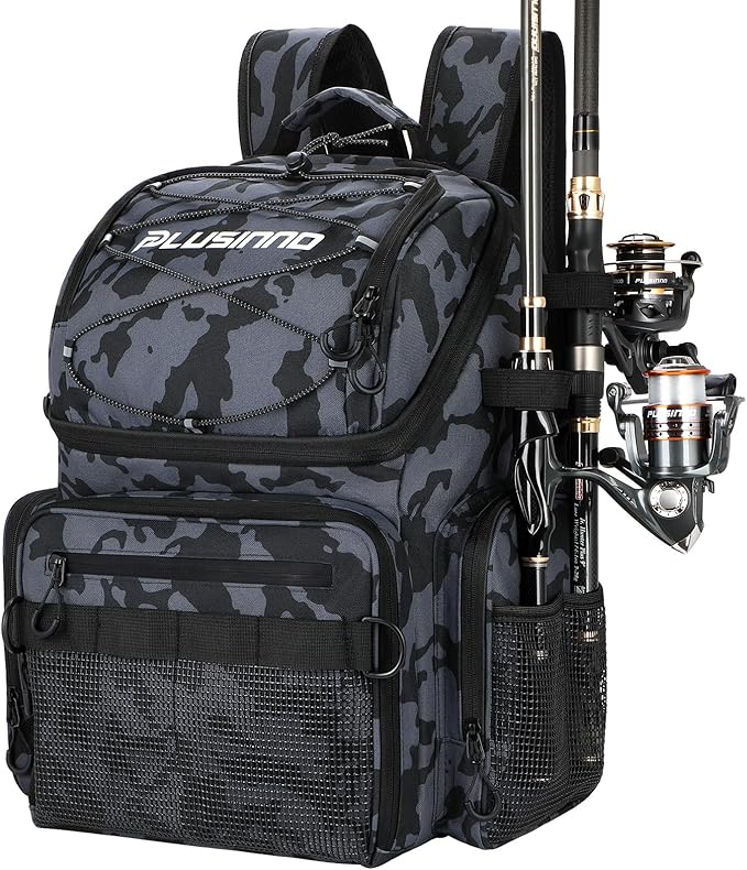PLUSINNO Cooler Fishing Backpack with Rod Holders 45L Large Water-resistant Fishing Tackle bag Store Fishing Gear Fishing Gifts for Men Father, Sport Bags