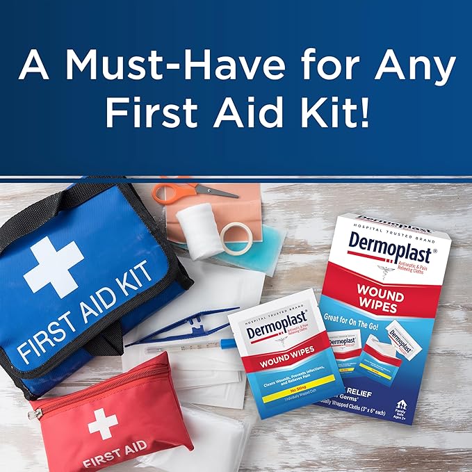 Dermoplast Wound Wipes, Medicated Antiseptic Wipes, First Aid Cloths, Analgesic for Minor Cuts, Scrapes and Burns on The Go, Sting Free Formula, 10 Individual Cloths (Packaging May Vary)
