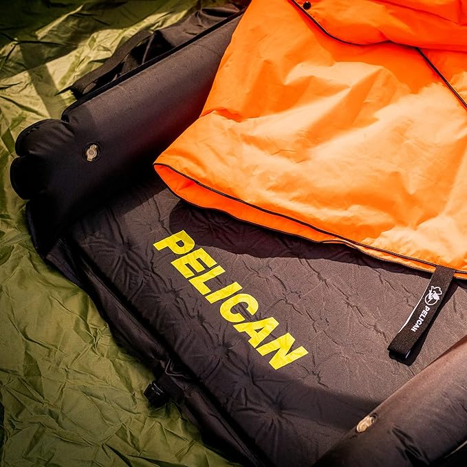 Pelican Self Inflating Sleeping Pad w/Pillow & Arm Rest, Camping Gear - Waterproof Foldable Lightweight Air Mattress - Memory Foam Sleeping Mat for Hiking, Backpacking - Travel Accessories - Black