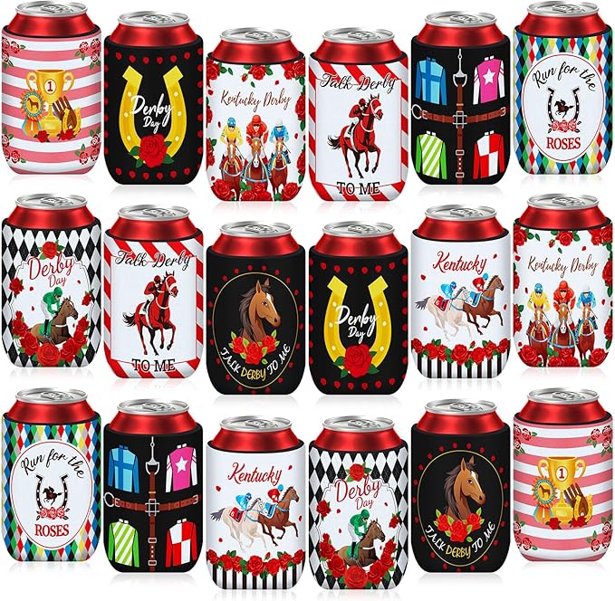 Kentucky Horse Derby Can Cooler Sleeves, 18-Pack Neoprene Derby Beverage Coolers Derby Party Supplies with 9 Unique Designs for Beverage Insulation Cup Decorations