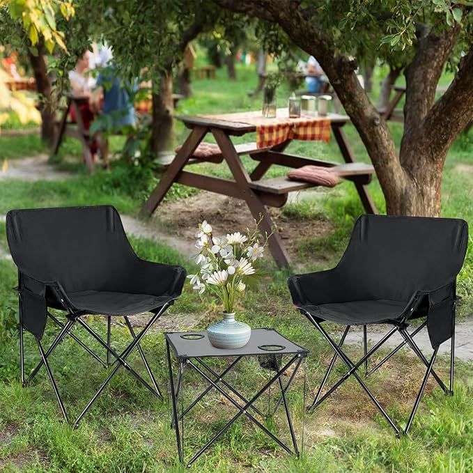 Leonyo 2 Pcs Portable Camping Chairs for Adults, Oversized Lawn Chair with Folding Camping Table for Outdoor Sports, Fishing, Rv Travel, Beach, Picnic – Black