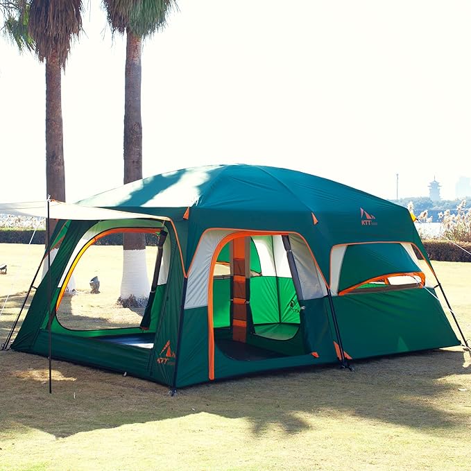 KTT Extra Large Tent 10-12-14 Person(A),Family Cabin Tents,2 Rooms,3 Doors and 3 Windows with Mesh,Straight Wall,Waterproof,Double Layer,Big Tent for Outdoor,Picnic,Camping,Family Gathering