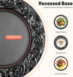 DYRABREST 100 Pcs 13 Inch Black Charger Plates, Bulk PP Wedding Chargers with Floral Reef Design Decorative Round Ruffled Rim Dinner Plates for Wedding Party Event Table Setting Decoration