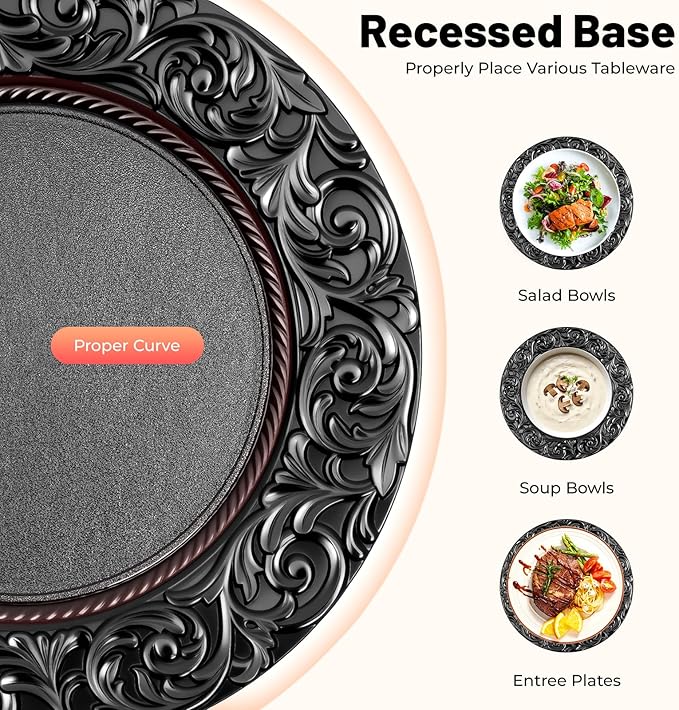 DYRABREST 100 Pcs 13 Inch Black Charger Plates, Bulk PP Wedding Chargers with Floral Reef Design Decorative Round Ruffled Rim Dinner Plates for Wedding Party Event Table Setting Decoration