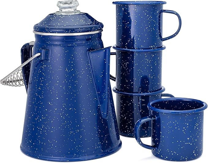 COLETTI Classic Enamel Set Coffee Percolator & Mugs — The Most Nostalgic Camping Coffee Pot, Now Modernized [Blue Enamel, 12 Cup Percolator Coffee Pot & Set of 4 Mugs]