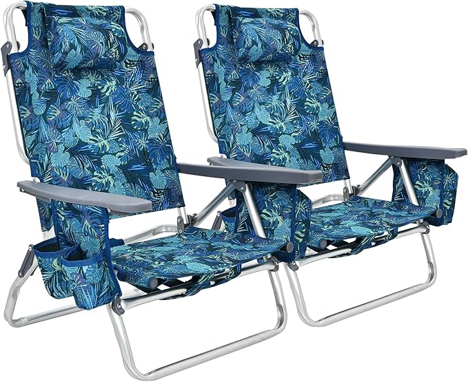 COSTWAY Backpack Beach Chairs, 2-Pack Portable Camping Chairs with Cup Holder, Ice Bag, 5-Position Outdoor Reclining Chairs for Adults, Travel, Sunbathing, Support 300 LBS, Navy