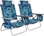COSTWAY Backpack Beach Chairs, 2-Pack Portable Camping Chairs with Cup Holder, Ice Bag, 5-Position Outdoor Reclining Chairs for Adults, Travel, Sunbathing, Support 300 LBS, Navy
