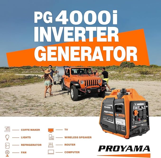 PROYAMA 4000W Portable Gas Inverter Generator, CO Sensor, Digital Interface, RV - Ready, LED Light, ECO - Mode, Parallel Capable, Low Oil Shutoff, Super Quiet and Lightweight with Weatherproof Cover