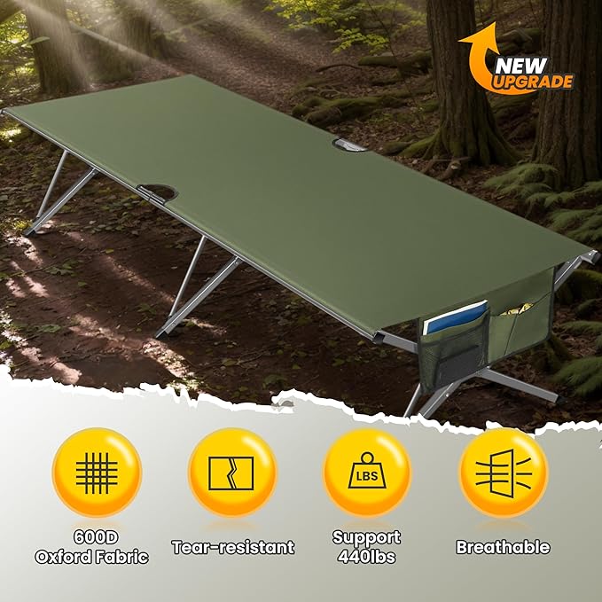 Oversized Camping Cot for Adults - Non-Assemble Folding Camping Bed Extra Wide for Outdoor, Support up to 6.9ft or 450lbs, with Storager Bag, 82” L x 32” W(Green)