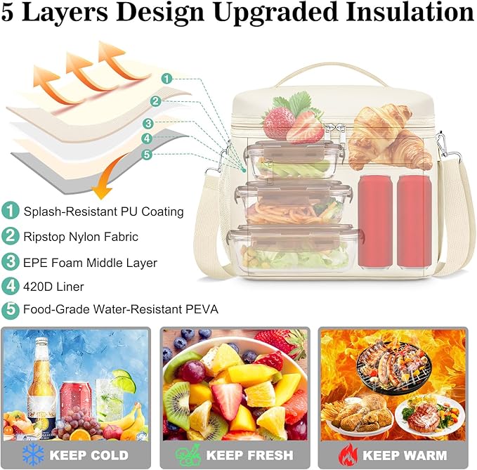DALINDA Lunch Bag Cooler Bag Lunch Box for Women Men, Insulated Leak Proof LunchBox Lightweight for Picnic,Grocery,Beach,Camping,Travel,Work,Light Beige Cream