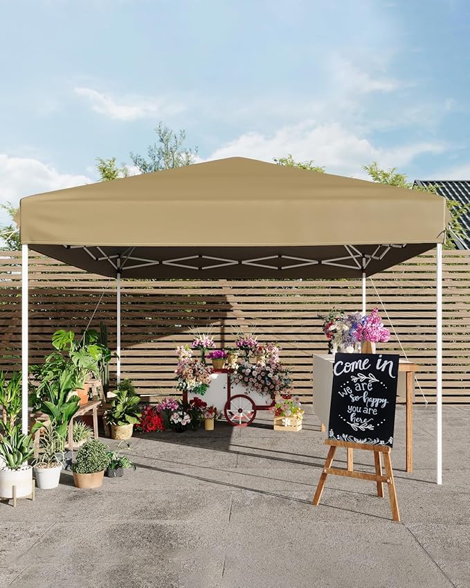10x10FT Pop Up Canopy, Outdoor Canopy Tent with SandBag & Carry Bag for Commercial Events, Camping, Backyard Parties, Khaki