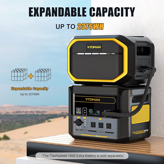 VTOMAN FlashSpeed 1000 Solar Generator 1000W/828Wh with 110W Solar Panel - LiFePO4 Battery, Expandable to 2376Wh, IP67 Waterproof Solar Charging for Extended Off-Grid, Home Backup, Camping, RV