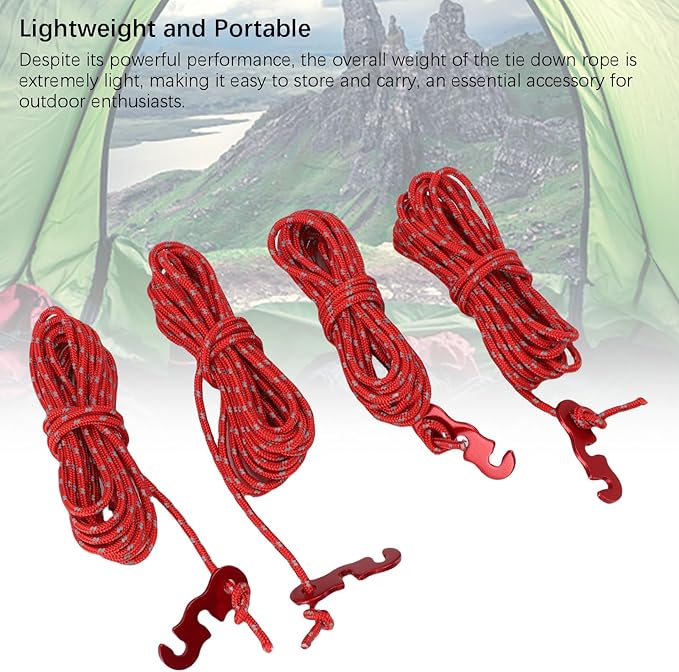 4 Pack Tent Guy Lines with Tensioners, 13ft Reflective Camping Rope, Adjustable Tent Tie Down Ropes for Canopy, Hiking, Backpacking, Outdoor Shelter