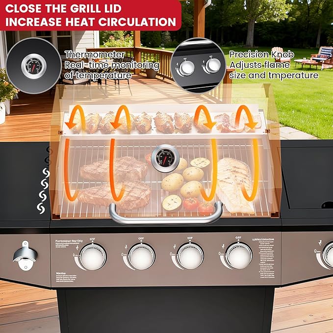 4-Burner Propane Gas Grill with Side Burner, 50,000 BTU Outdoor Gas BBQ Grill with Stainless Steel Grate, Easy-Clean Grease, Outdoor Cooking for Patio, Camping, Backyard