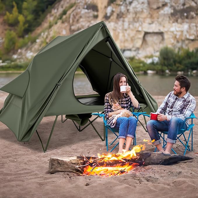 Tangkula 2 in 1 Tent Cot, 2-Person Portable Off-Ground Elevated Camping Tent with Cot, Removable Rainfly, Wheeled Bag, Stakes & Wind Ropes for Outdoor Hiking, Picnic, Travel