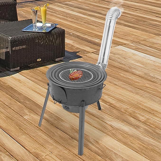 Wood Burning Stove with Grill Rack, Portable Camping Rocket Stove Chimney Charcoal Grill & Furnace Rings, for Outdoor Backyard Cooking, Picnic and Barbecue (Gray, 20.5 in)