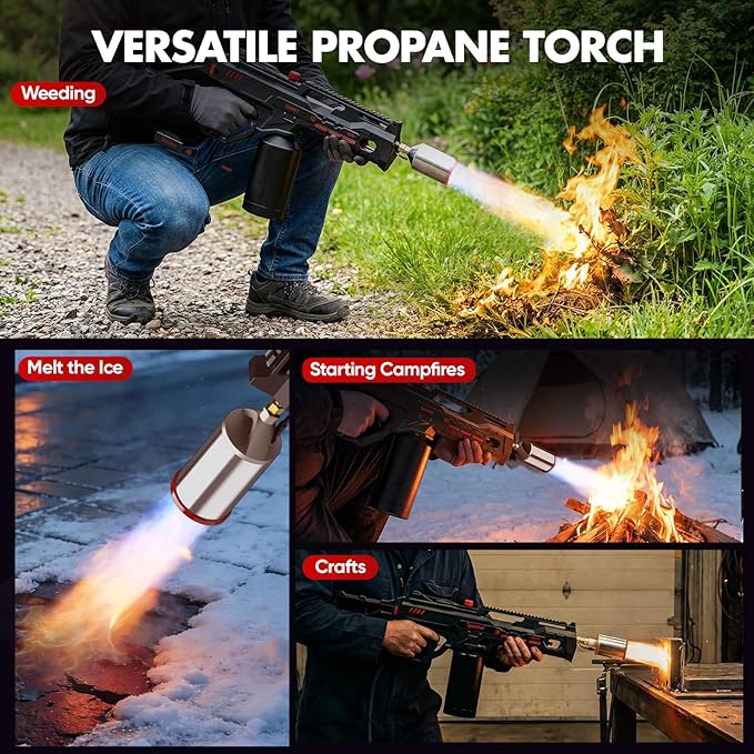 Propane Torch Gun with One-Touch Max Fire, Kitchen Blow Torch for Sous Vide Searing Steak, Grill, Charcoal Starter, Campfire(Propane Tank Not Included)