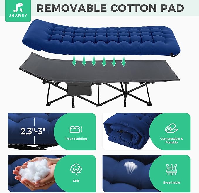 JEAREY Camping Cot for Sleeping 28" Extra Wide, Heavy-Duty 1200D Oxford Foliding Cots for Adults Portable with Mattress, Carry Bag for Guest, Travel, Hiking, Navy