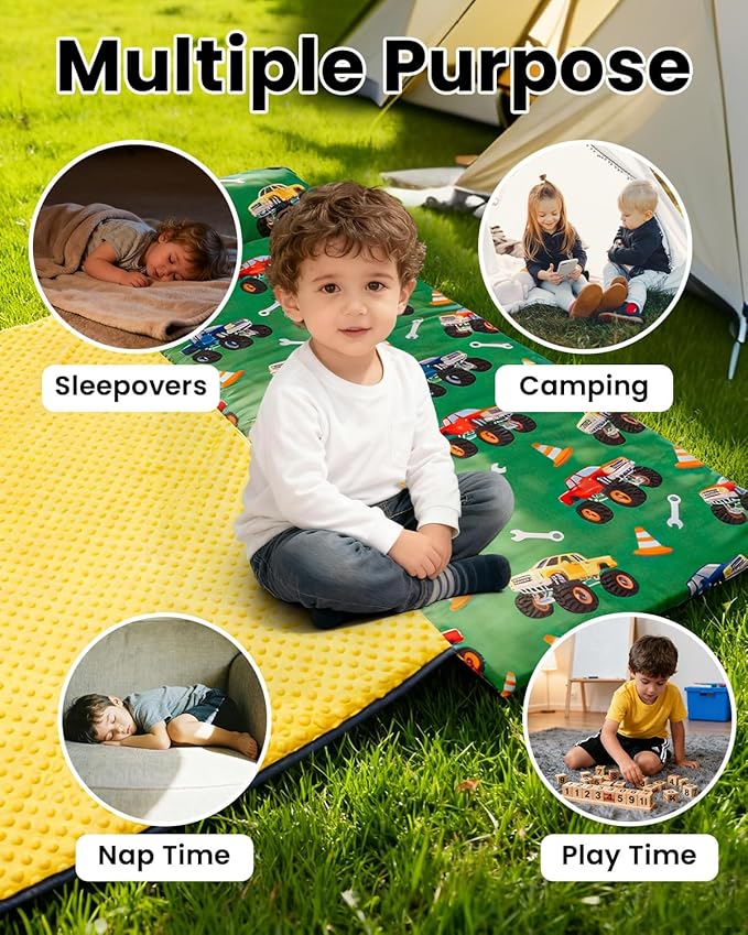 Primlect Toddler Thickened Foam Nap Mat with Pillow, Extra Large 55"x35", Soft, Supportive Sleeping Bag with Detachable, Washable Cover, for Sleepover, Home, Travel, Boys and Girls