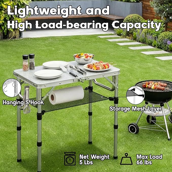 Folding Camping Table, Aluminum 24" x 16" Adjustable Height Max 27.5" with Carrying Handle, Lightweight, Portable Camping Table for Outdoor Indoor Picnic Beach, Silver