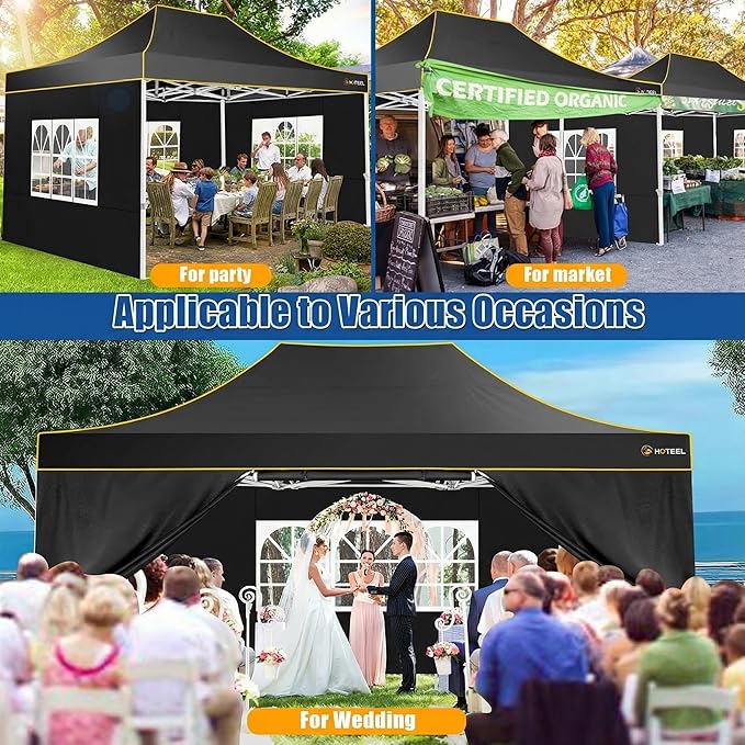 HOTEEL 10x15 Heavy Duty Pop up Canopy Tent for Parties with 4 Sidewalls, Easy Setup Outdoor Commercial Instant Gazebo for Wedding Event, with Roller Bag & Sand Bags, Black(Hexagonal Frame)
