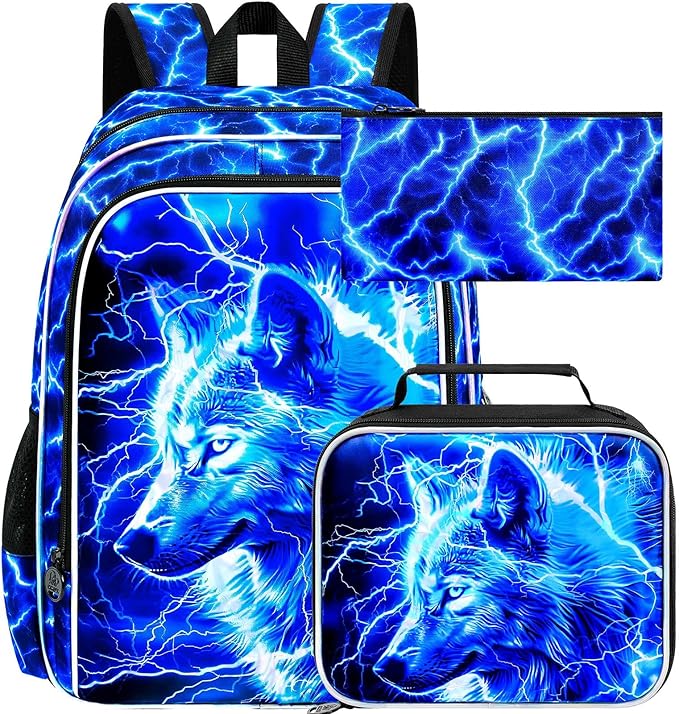 3Pcs Wolf Backpack for Boy, 17" Lightning Bookbag for Elementary Preschool Kindergarten, Kids School Backpacks with Lunch Box (Blue)