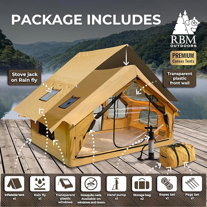 Inflatable Canvas Camping Tents with Stove Jack – Air Beam Blow Up Family Camping Tent for 2–6 People, Fast Setup Shelter with Hand Pump