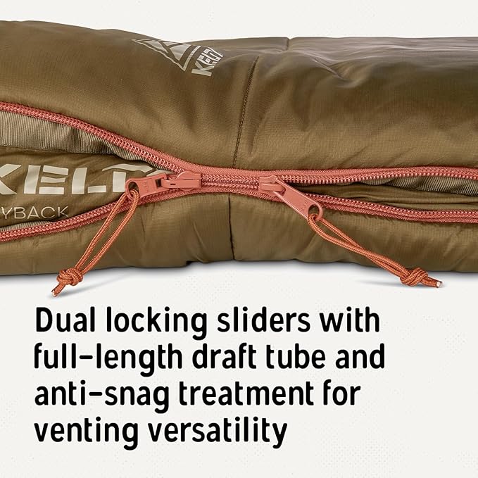 Kelty Wayback Flannel Lined Sleeping Bag, Built in Blanket, Traditional Rectangle Shape, Organic Flannel Cotton Liner, Dual Locking Slide Zips