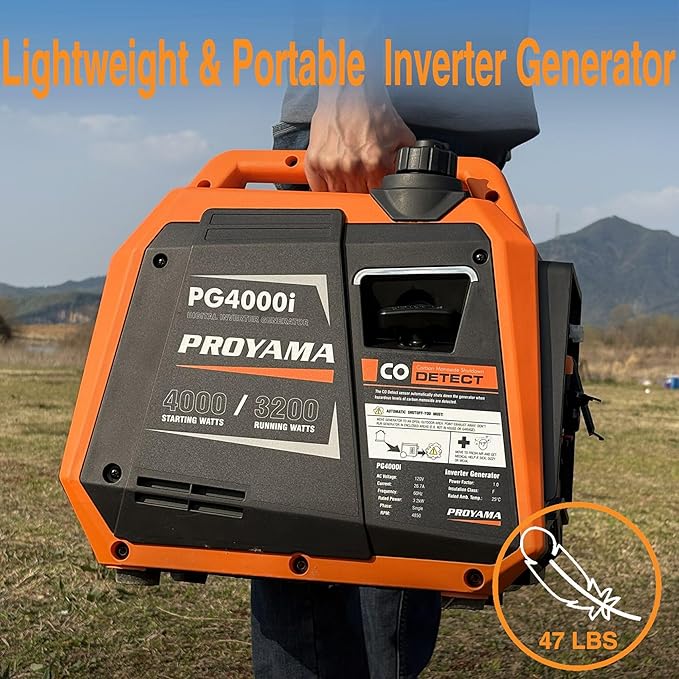 PROYAMA 4000W Portable Gas Inverter Generator, CO Sensor, Digital Interface, RV - Ready, LED Light, ECO - Mode, Parallel Capable, Low Oil Shutoff, Super Quiet and Lightweight with Weatherproof Cover