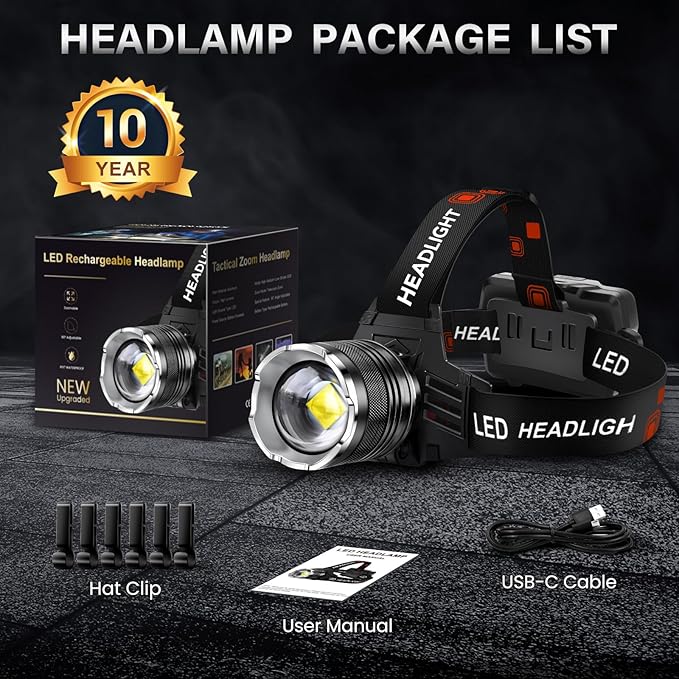 AKNEAR LED Rechargeable Headlamp 99000 High Lumens, 95 Hours Endurance Head Lamp with Zoomable & 12 Modes & IPX7 Waterproof & 125° Adjustable, Super Bright Head Light for Outdoor, Camping, Hard Hat