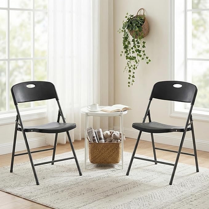 DUMOS 4 Pack Folding Chairs Heavy Duty with Ergonomic Back - Plastic Stackable Portable Dining Chiars Set, for Home and Office, Conference, Wedding, Party, Patio, Garden, for Indoor Outdoor, Black