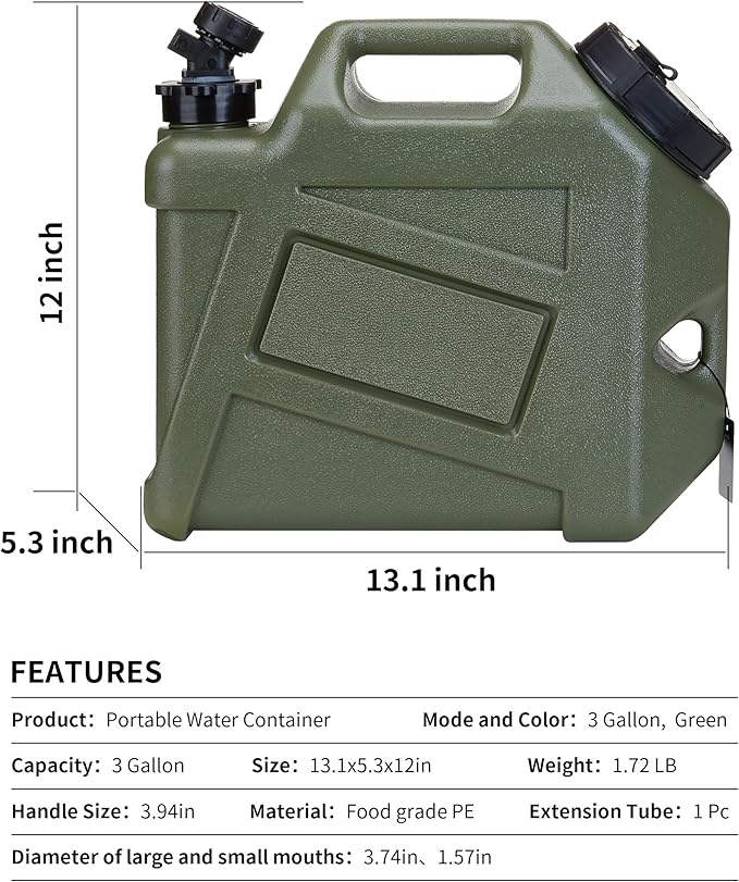 Camping Water Container, 2.5 Gallon Small(13.1x12x5.3in) Water Containers Jug, Truly No Leakage Water Storage, Green Water Tank,BPA Free Portable Emergency Water Can for Camping, Hiking
