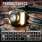 Coast FL97R Voice-Controlled 1200 Lumen Rechargeable LED Headlamp with Pure Beam® Spot & Flood, ARC Lighting, Red & Green Color Modes, Glide Focus™ Radial Arm Dial and USB-C Charge Port, Grey