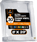 8' x 20' Clear Vinyl Tarp - 30 Mil Super Heavy Duty Transparent Waterproof PVC Tarpaulin with Brass Grommets - for Patio Enclosure, Temporary Wall, Camping, Tent Cover, Canopy - by Xpose Safety