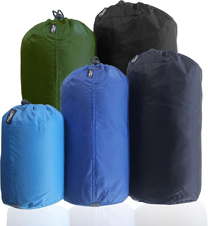 Frelaxy Stuff Sack Set 5-Pack (3L&5L&9L&15L&20L), Ultralight Ditty Bags with Dust Flap for Traveling Hiking Backpacking (Sky Blue&Blue&Navy&Army Green&Black)